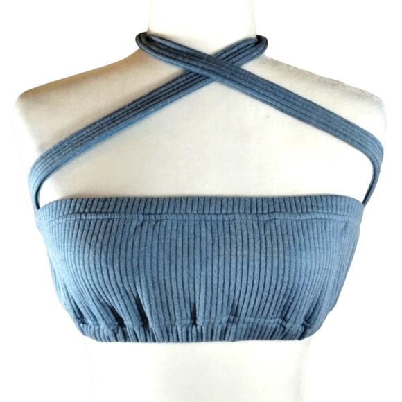 R WeWoreWhat Women's Storm Blue Wide Rib Stretch Tie Halter Bra Top NWT Size S - Picture 1 of 6